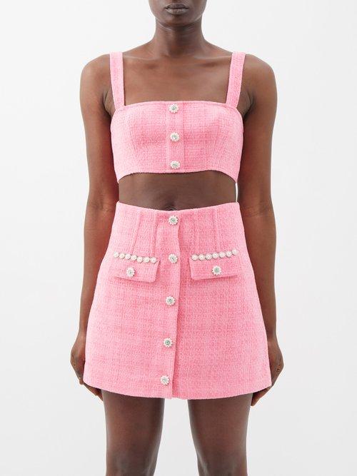 Self-portrait - Square-neck Boucl Crop Top - Womens - Bright Pink