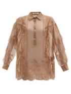 Matchesfashion.com Valentino - Pintucked Lace-trimmed Silk-chiffon Blouse - Womens - Brown
