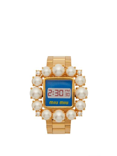 Matchesfashion.com Miu Miu - Faux Pearl Embellished Watch Bracelet - Womens - Gold