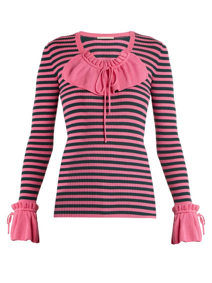 Marco De Vincenzo Ruffle-trimmed Striped Ribbed-knit Sweater