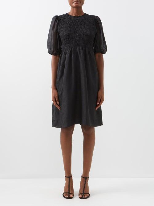 Ganni - Smocked Recycled-fibre Georgette Midi Dress - Womens - Black