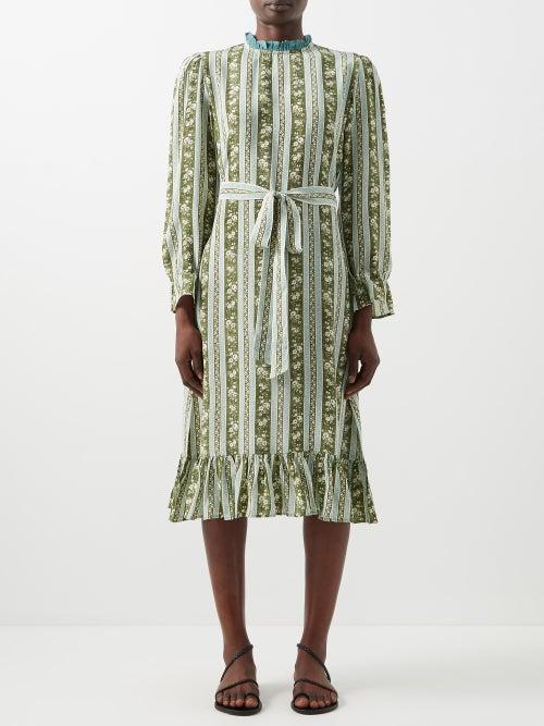 D'ascoli - Nusa Ruffle-neck Printed Silk-crepe Dress - Womens - Green Print