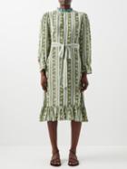 D'ascoli - Nusa Ruffle-neck Printed Silk-crepe Dress - Womens - Green Print