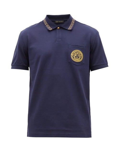 Matchesfashion.com Versace - Logo Embroidered Cotton Piqu Polo Shirt - Mens - Navy