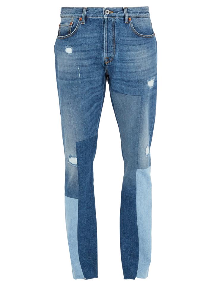 Valentino Distressed Patchwork Slim-leg Jeans