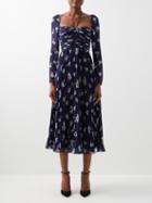 Self-portrait - Pansy-print Pleated-chiffon Midi Dress - Womens - Navy White