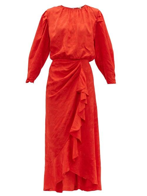 Matchesfashion.com Johanna Ortiz - Cuentos Y Relatos Jacquard Satin Midi Dress - Womens - Red