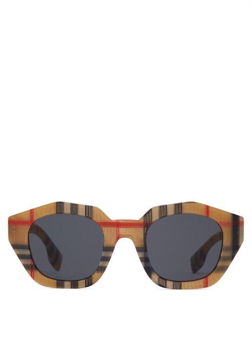Matchesfashion.com Burberry - Vintage Checked Angular Oval Sunglasses - Womens - Beige