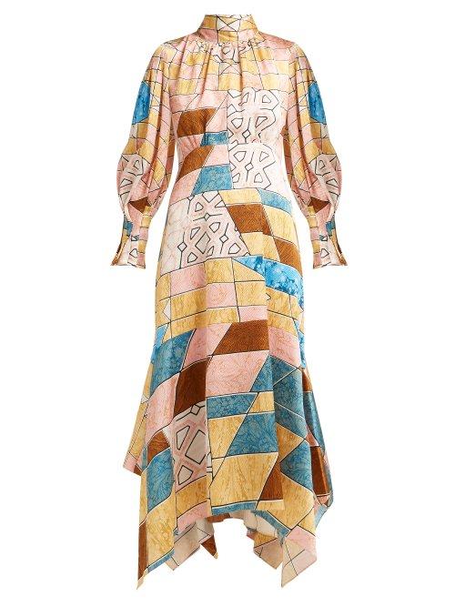 Matchesfashion.com Peter Pilotto - Geometric Print Hammered Silk Blend Midi Dress - Womens - Pink Multi