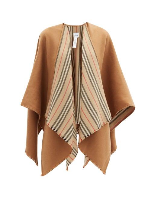 Matchesfashion.com Burberry - Icon-stripe Fringed Wool Cape - Womens - Camel