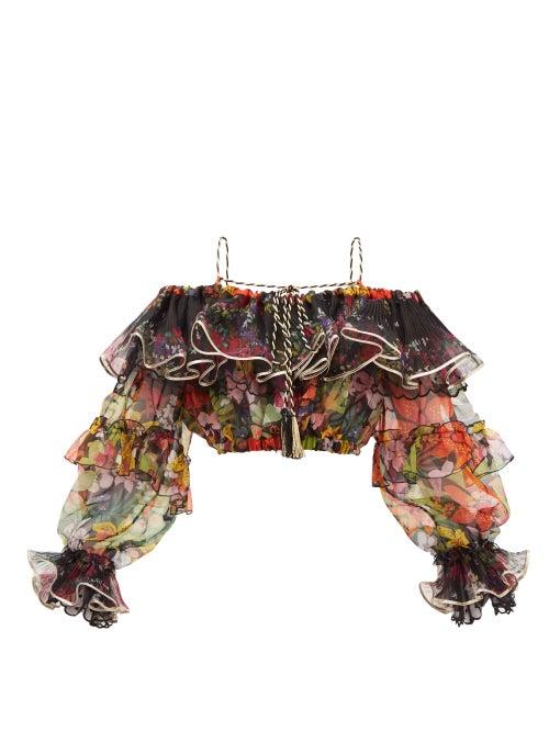 Matchesfashion.com Dundas - Off-the-shoulder Floral-print Silk Blouse - Womens - Black Print