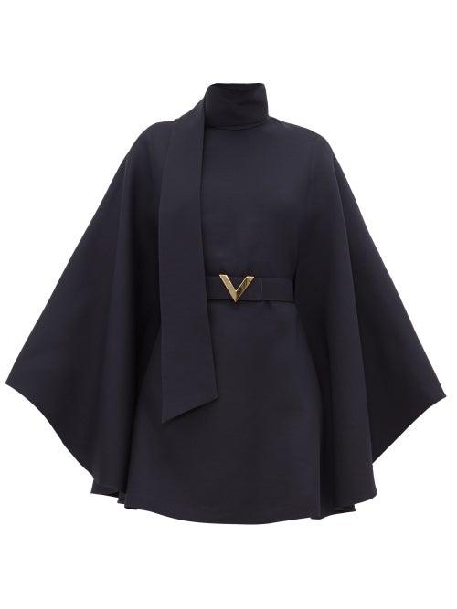 Matchesfashion.com Valentino - Belted Cape-sleeve Wool-blend Mini Dress - Womens - Navy