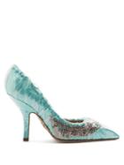 Matchesfashion.com Paciotti By Midnight - Crystal Embellished Ruched Satin Pumps - Womens - Light Green