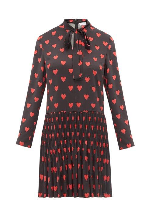 Matchesfashion.com Redvalentino - Heart Print Pussy Bow Crepe Dress - Womens - Black Multi