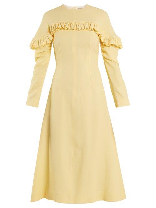 Matchesfashion.com Emilia Wickstead - Lala Ruffle Trimmed Honeycomb Crepe Midi Dress - Womens - Light Yellow