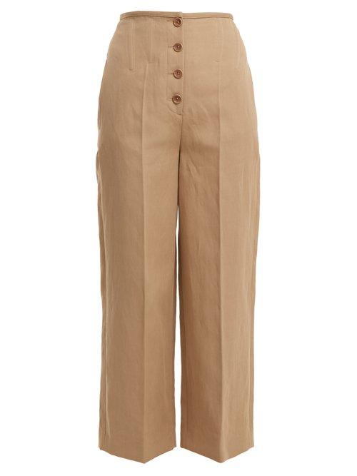 Matchesfashion.com Joseph - High Rise Wide Leg Cotton Blend Trousers - Womens - Beige