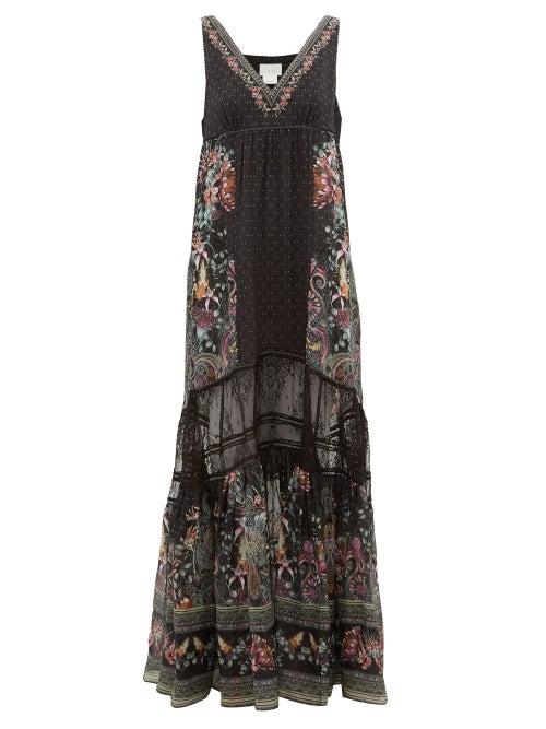 Matchesfashion.com Camilla - Restless Nights Lace-paneled Silk Maxi Dress - Womens - Black Multi