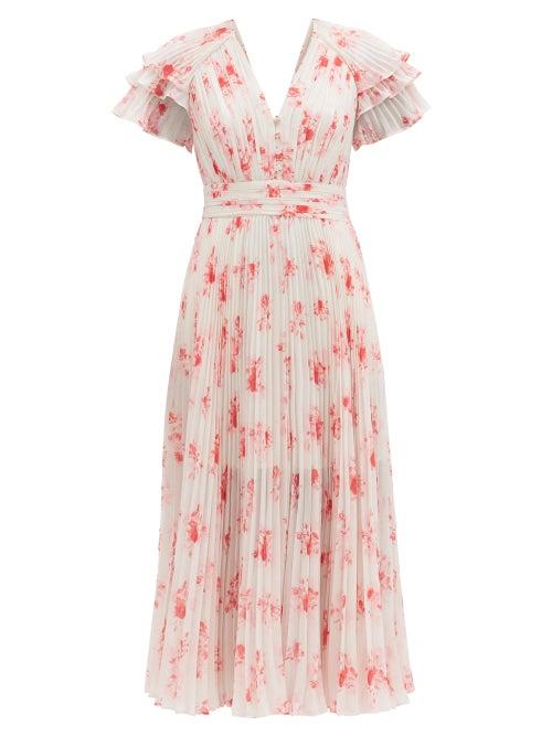 Matchesfashion.com Self-portrait - Pleated Floral-print V-neck Chiffon Midi Dress - Womens - Pink Print