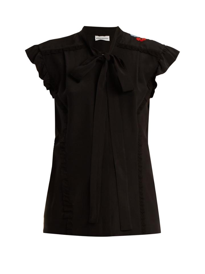 Sonia Rykiel Floral-embroidered Tie-neck Silk Blouse