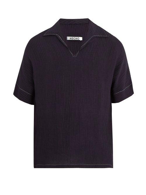 Matchesfashion.com Hecho - Open Collar Ribbed Silk Blend Shirt - Mens - Navy