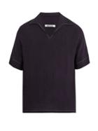 Matchesfashion.com Hecho - Open Collar Ribbed Silk Blend Shirt - Mens - Navy