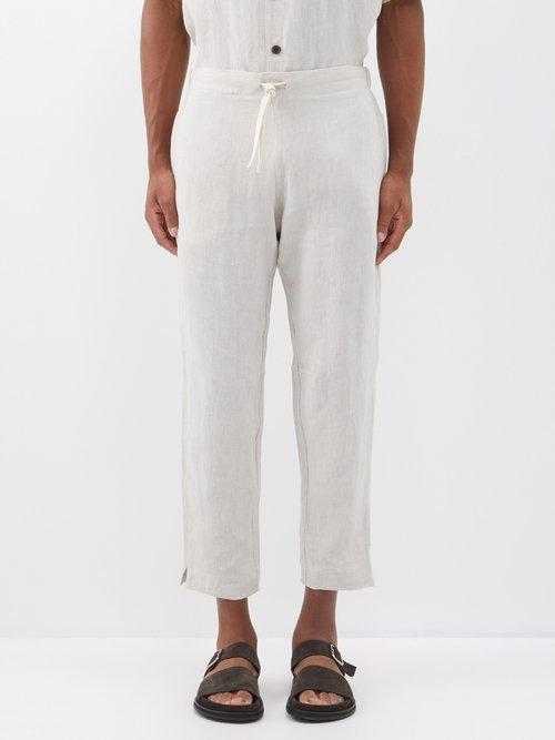 Maran - Drawstring Linen Tapered Trousers - Mens - Beige