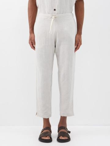 Maran - Drawstring Linen Tapered Trousers - Mens - Beige