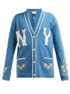 Matchesfashion.com Gucci - Ny Yankees & Floral Appliqu Wool Cardigan - Womens - Blue Multi