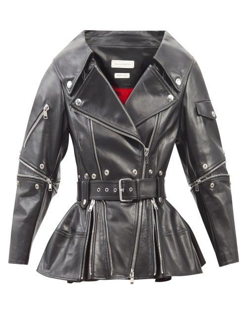 Alexander Mcqueen - Belted Peplum-hem Leather Jacket - Womens - Black