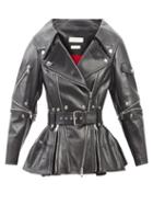 Alexander Mcqueen - Belted Peplum-hem Leather Jacket - Womens - Black