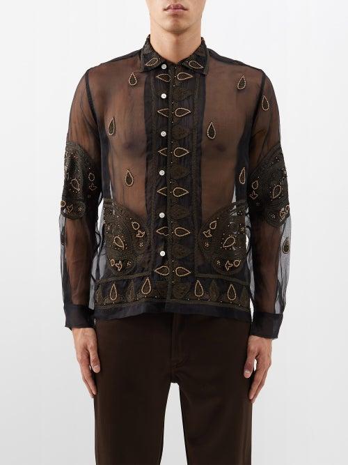 Bode - Embroidered Beaded-paisley Sheer Voile Shirt - Mens - Black