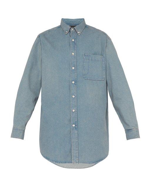 Matchesfashion.com Balenciaga - Logo Print Cotton Chambray Shirt - Mens - Light Blue