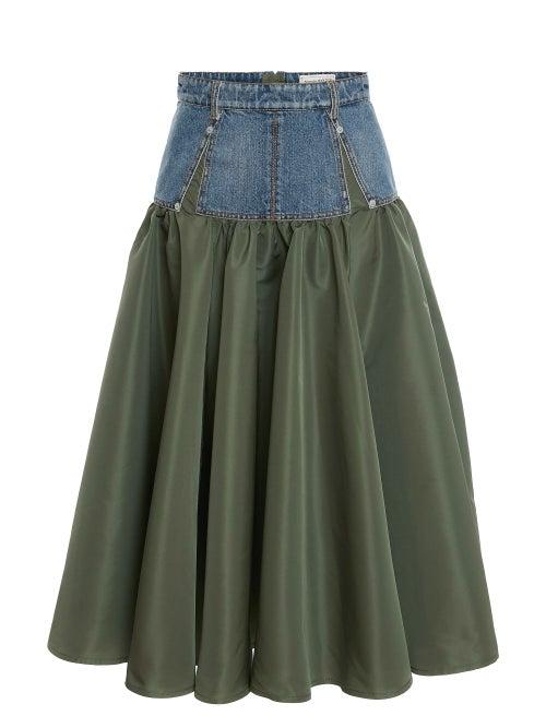 Alexander Mcqueen - Denim-waist Faille Midi Skirt - Womens - Khaki