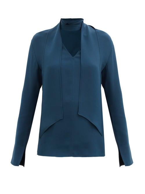 Matchesfashion.com Joseph - Bethan Scarf-neck Silk-georgette Blouse - Womens - Dark Blue