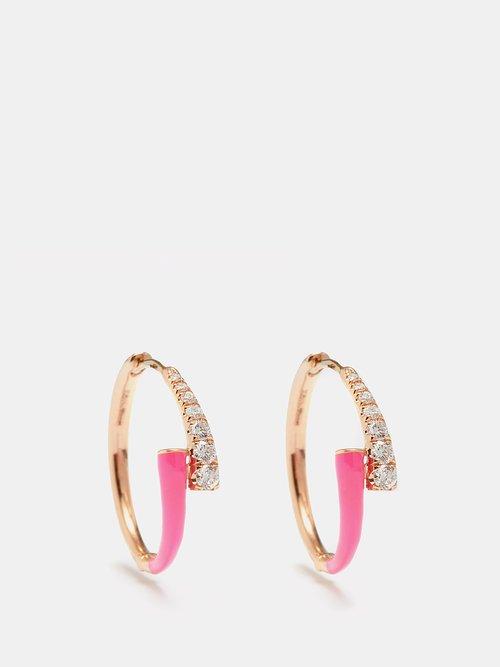 Melissa Kaye - Lola Enamelled Diamond & 18kt Gold Hoop Earrings - Womens - Pink Multi