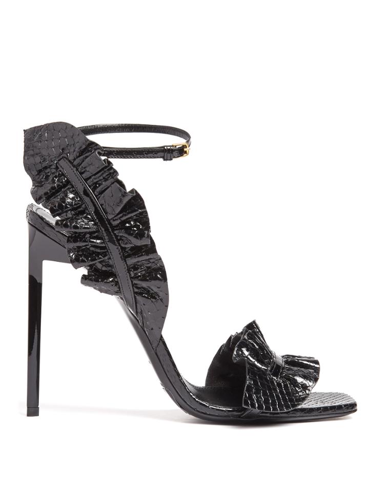 Saint Laurent Edie Ruffle-trimmed Crocodile-effect Sandals