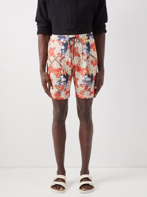 Nipoaloha - Cherry Blossom-print Twill Shorts - Mens - Red Multi