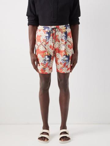 Nipoaloha - Cherry Blossom-print Twill Shorts - Mens - Red Multi