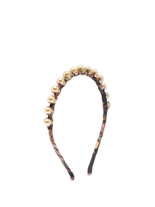 Matchesfashion.com Etro - Faux Pearl Paisley Print Silk Headband - Womens - Gold