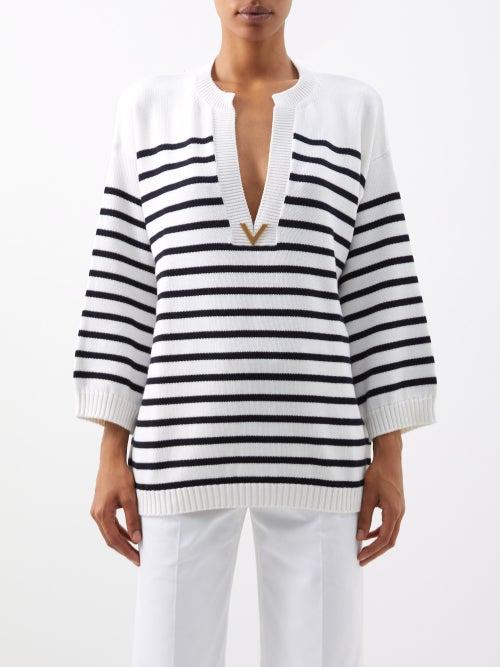 Valentino - Plunge-front Breton-stripe Cotton-blend Sweater - Womens - Navy Stripe