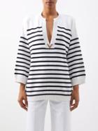 Valentino - Plunge-front Breton-stripe Cotton-blend Sweater - Womens - Navy Stripe