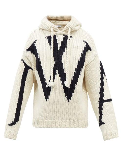 Jw Anderson - Logo-intarsia Wool Hooded Sweatshirt - Mens - White