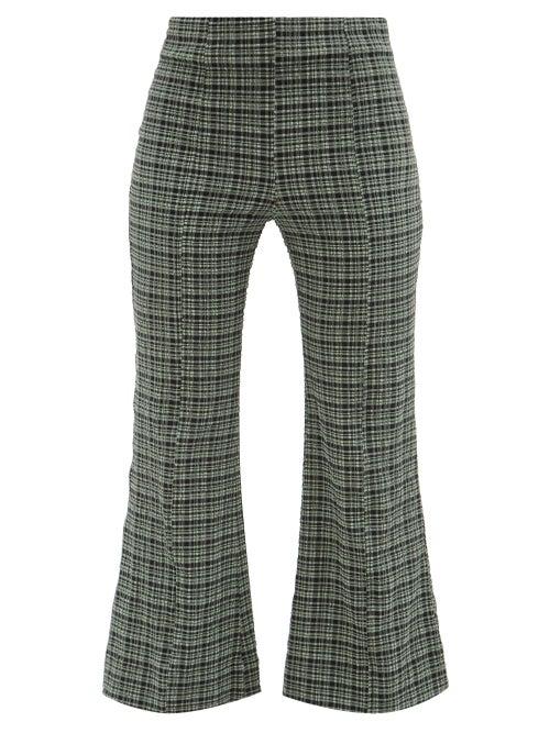 Ganni - Checked Seersucker Kick-flare Cropped Trousers - Womens - Green Multi