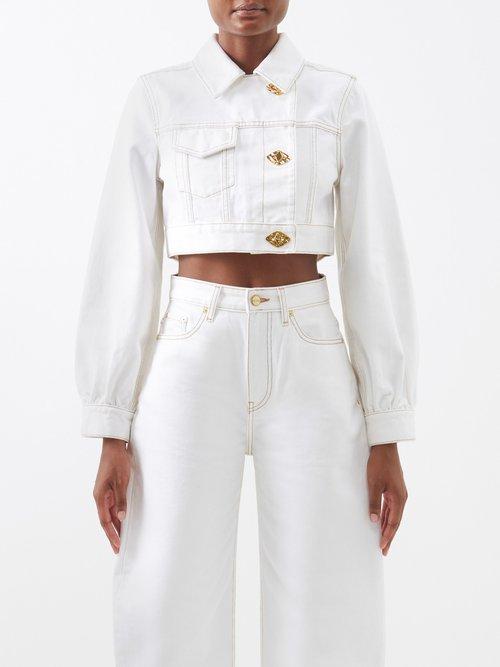 Ganni - Cropped Denim Jacket - Womens - Optical White