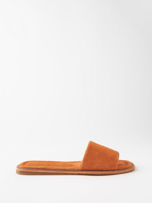 Brunello Cucinelli - Square-toe Suede Slides - Womens - Orange