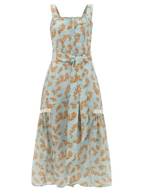 Ladies Lingerie Galanthya - Camille Floral-print Cotton-muslin Midi Dress - Womens - Blue Print