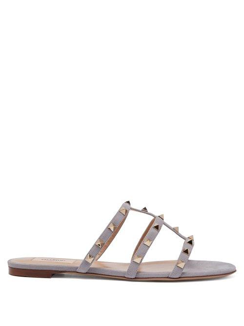 Matchesfashion.com Valentino - Rockstud Suede Sandals - Womens - Grey