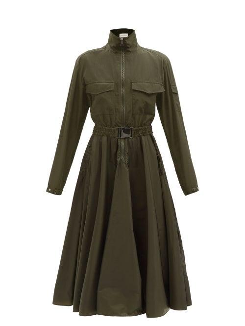 Moncler - Belted Zip-front Poplin Dress - Womens - Khaki