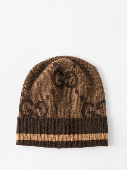 Gucci - Gg-jacquard Cashmere Beanie Hat - Womens - Brown Multi