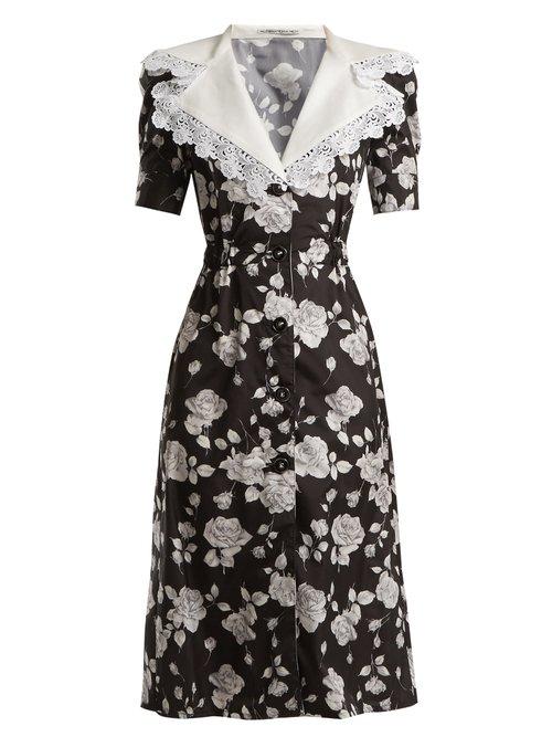 Matchesfashion.com Alessandra Rich - Rose Print Lace Trimmed Dress - Womens - Black Print